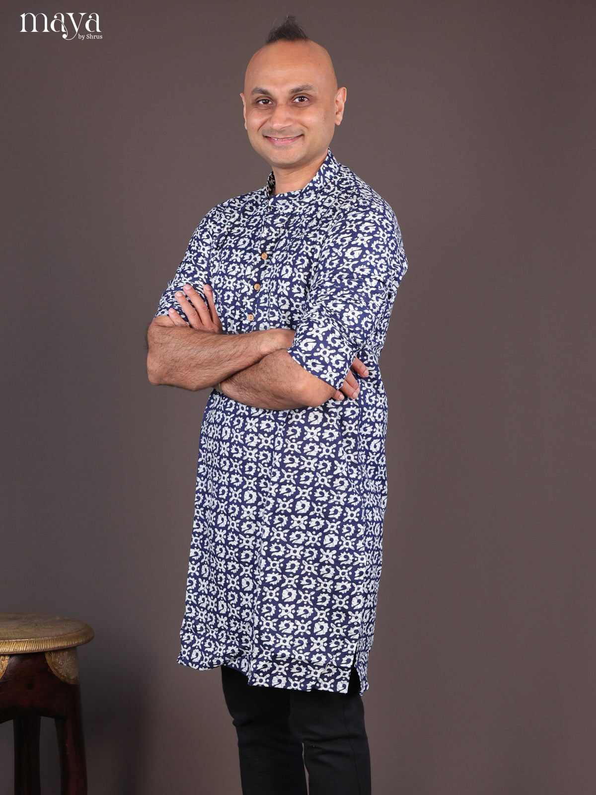 Blue Cotton Floral Printed Long Men Kurta - Shop on Shrus.com