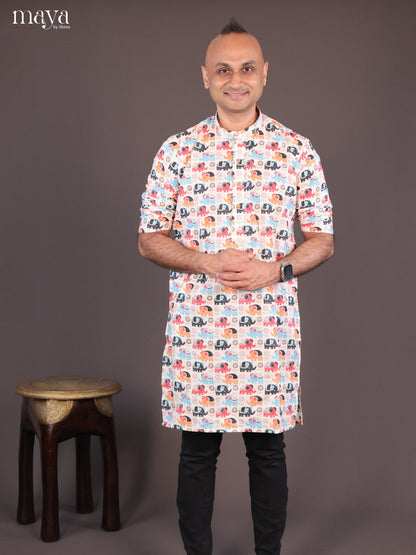 Cream Cotton Elephant Printed Short Men Kurta - Shop on Shrus.com