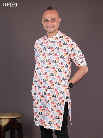 Cream Cotton Elephant Printed Short Men Kurta - Shop on Shrus.com