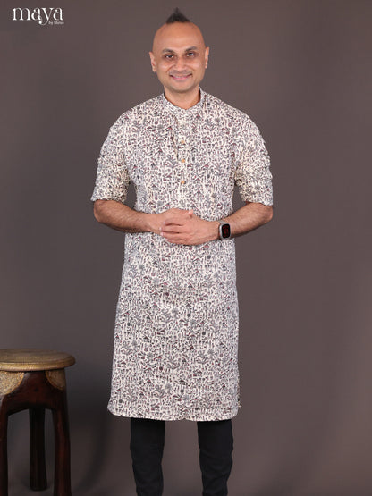 Cream Cotton Warli Printed Long Men Kurta - Shop on Shrus.com