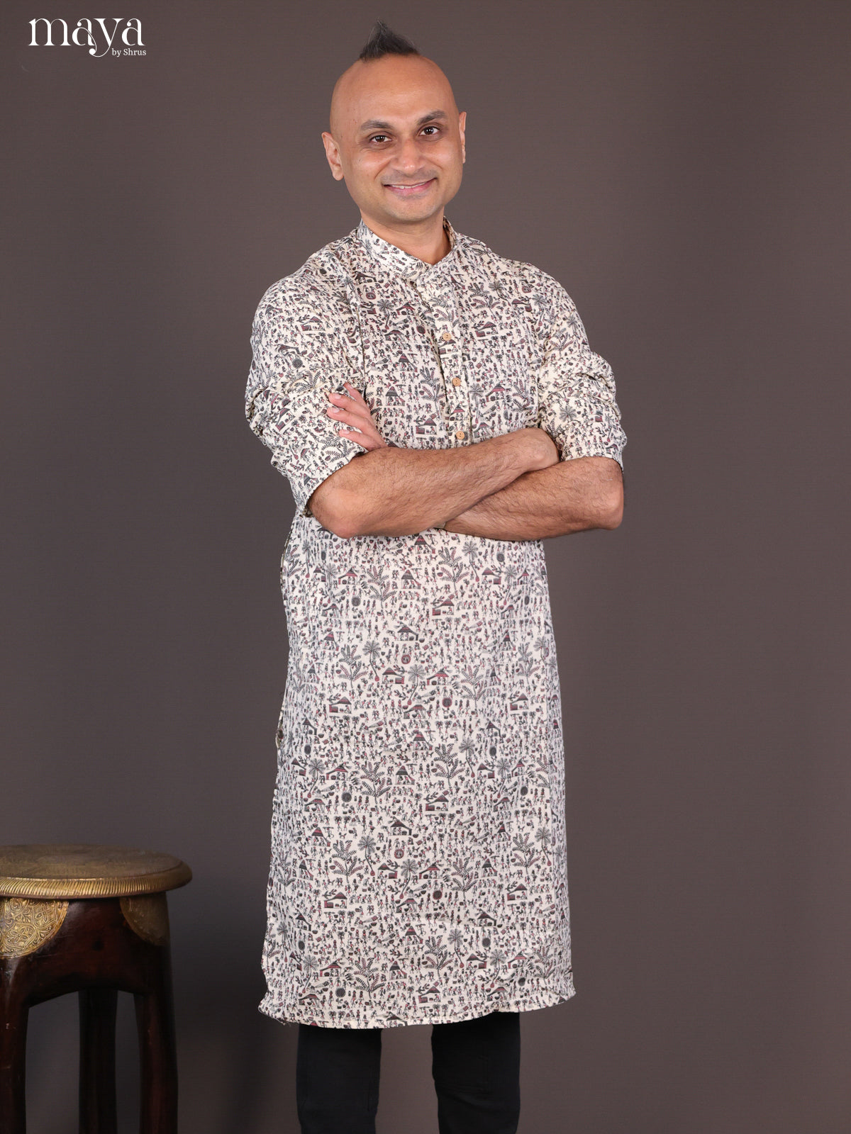Cream Cotton Warli Printed Long Men Kurta - Shop on Shrus.com