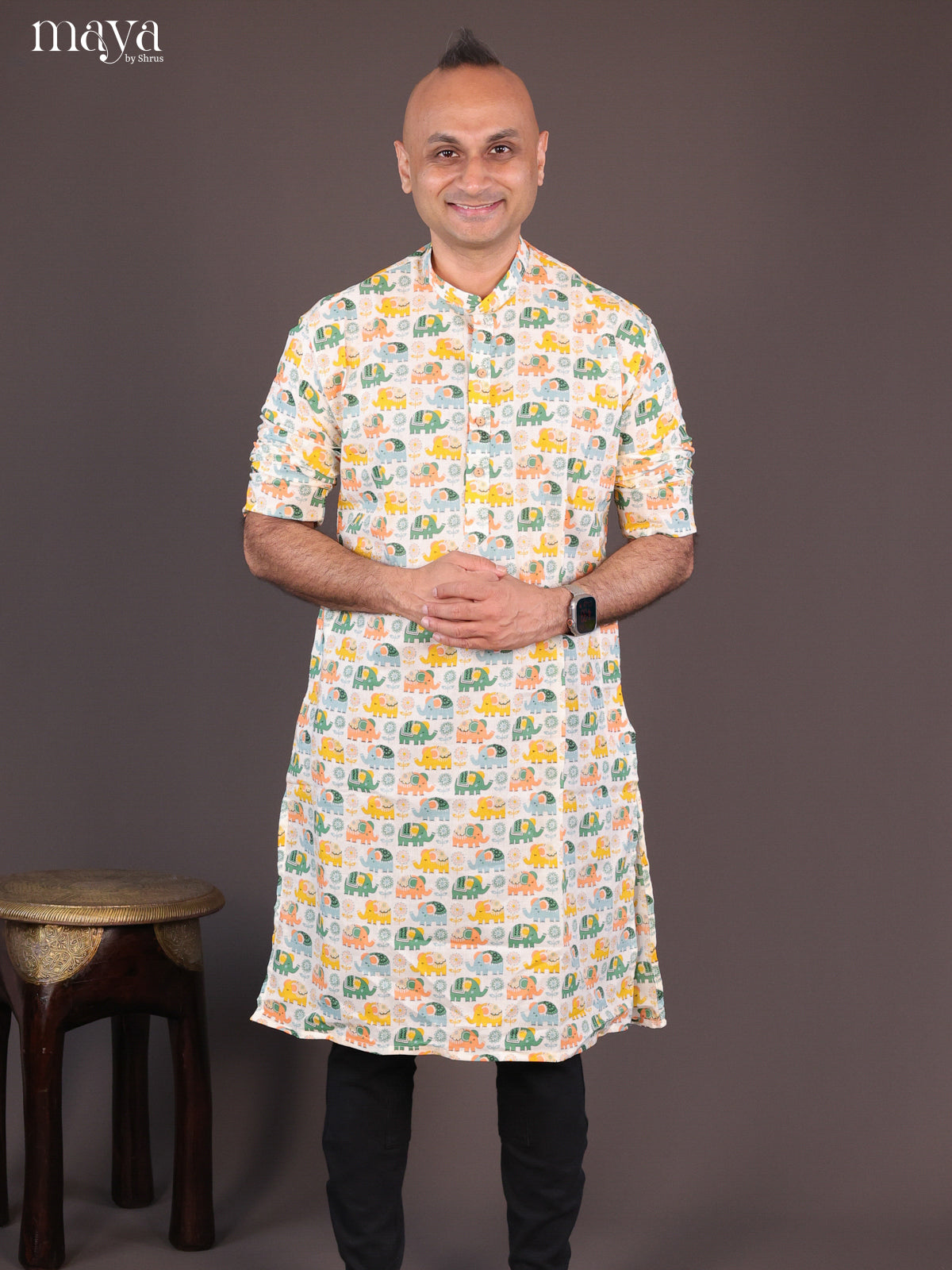Cream Cotton Elephant Printed Long Men Kurta - Shop on Shrus.com