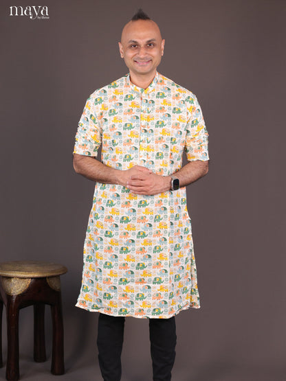 Cream Cotton Elephant Printed Long Men Kurta - Shop on Shrus.com