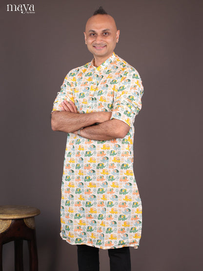 Cream Cotton Elephant Printed Long Men Kurta - Shop on Shrus.com