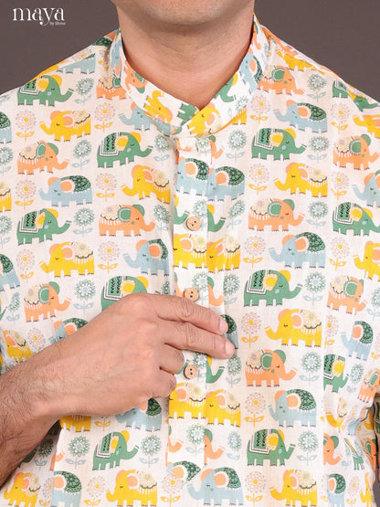 Cream Cotton Elephant Printed Long Men Kurta - Shop on Shrus.com