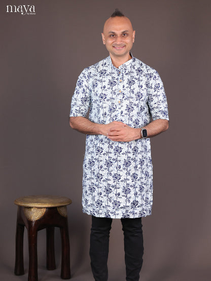 Blue Cotton Block Printed Long Men Kurta - Shop on Shrus.com
