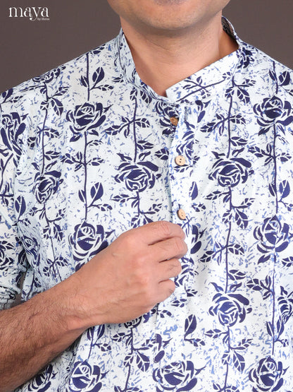 Blue Cotton Block Printed Long Men Kurta - Shop on Shrus.com