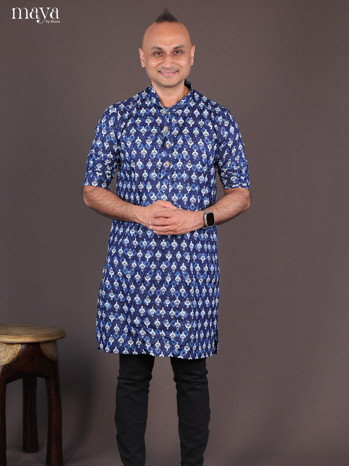 Blue Cotton Block Printed Long Men Kurta - Shop on Shrus.com