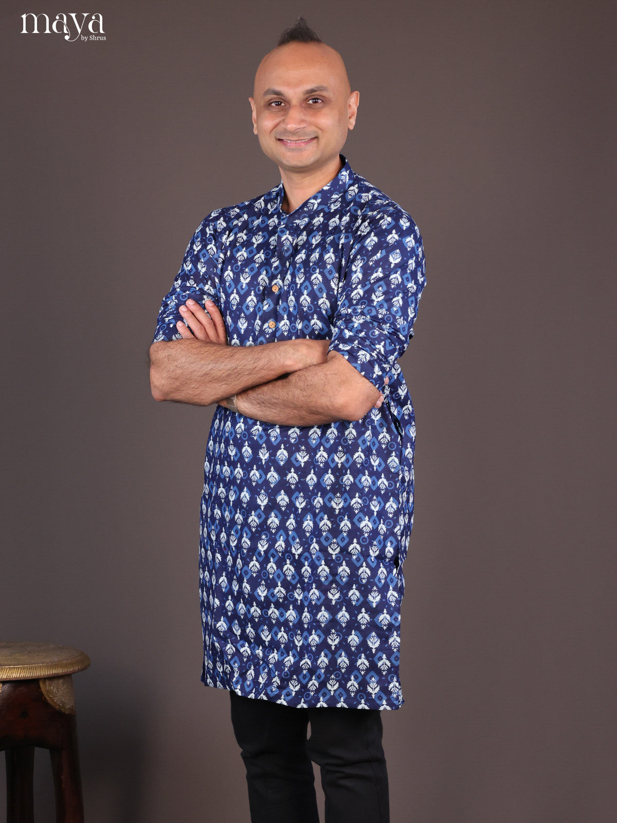 Blue Cotton Block Printed Long Men Kurta - Shop on Shrus.com