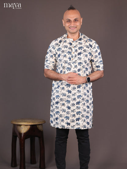 Cream Cotton Elephant Printed Long Men Kurta - Shop on Shrus.com