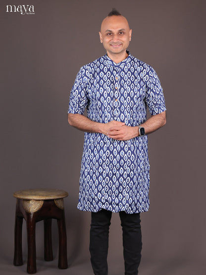 Blue Cotton Block Printed Long Men Kurta - Shop on Shrus.com