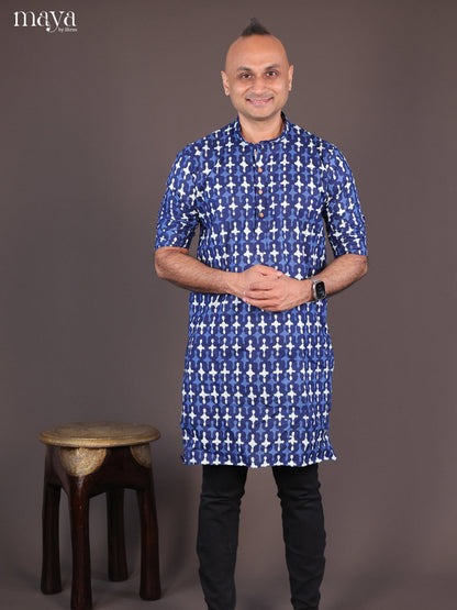 Blue Cotton Bagru Printed Long Men Kurta - Shop on Shrus.com
