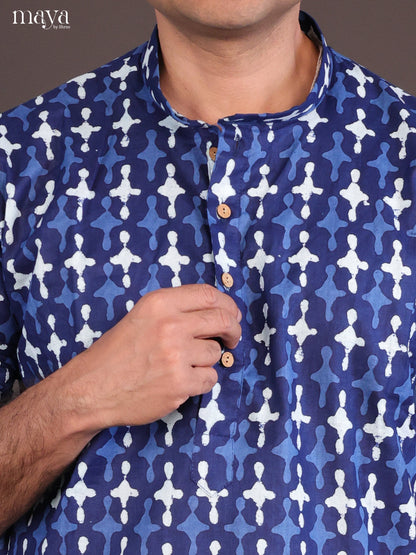 Blue Cotton Bagru Printed Long Men Kurta - Shop on Shrus.com