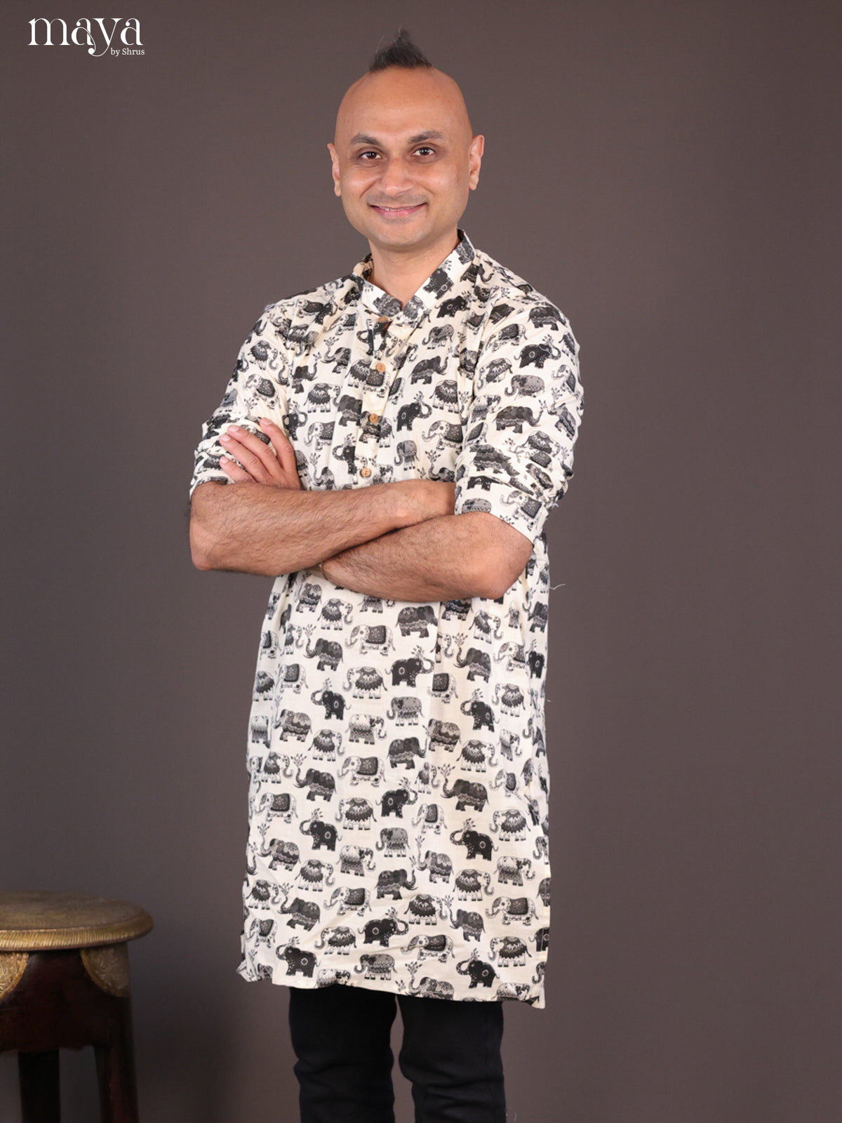 Cream Cotton Elephant Printed Long Men Kurta - Shop on Shrus.com