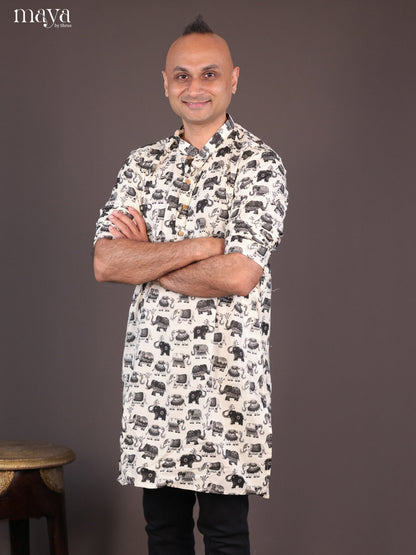 Cream Cotton Elephant Printed Long Men Kurta - Shop on Shrus.com