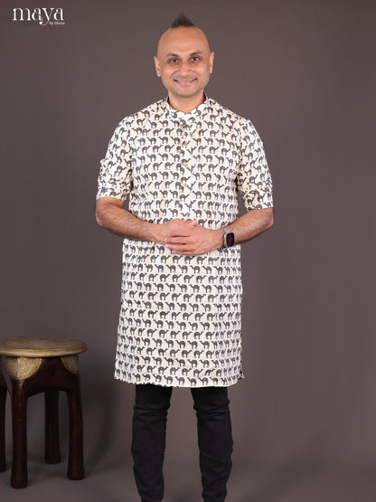 Cream Cotton Camel Printed Long Men Kurta - Shop on Shrus.com