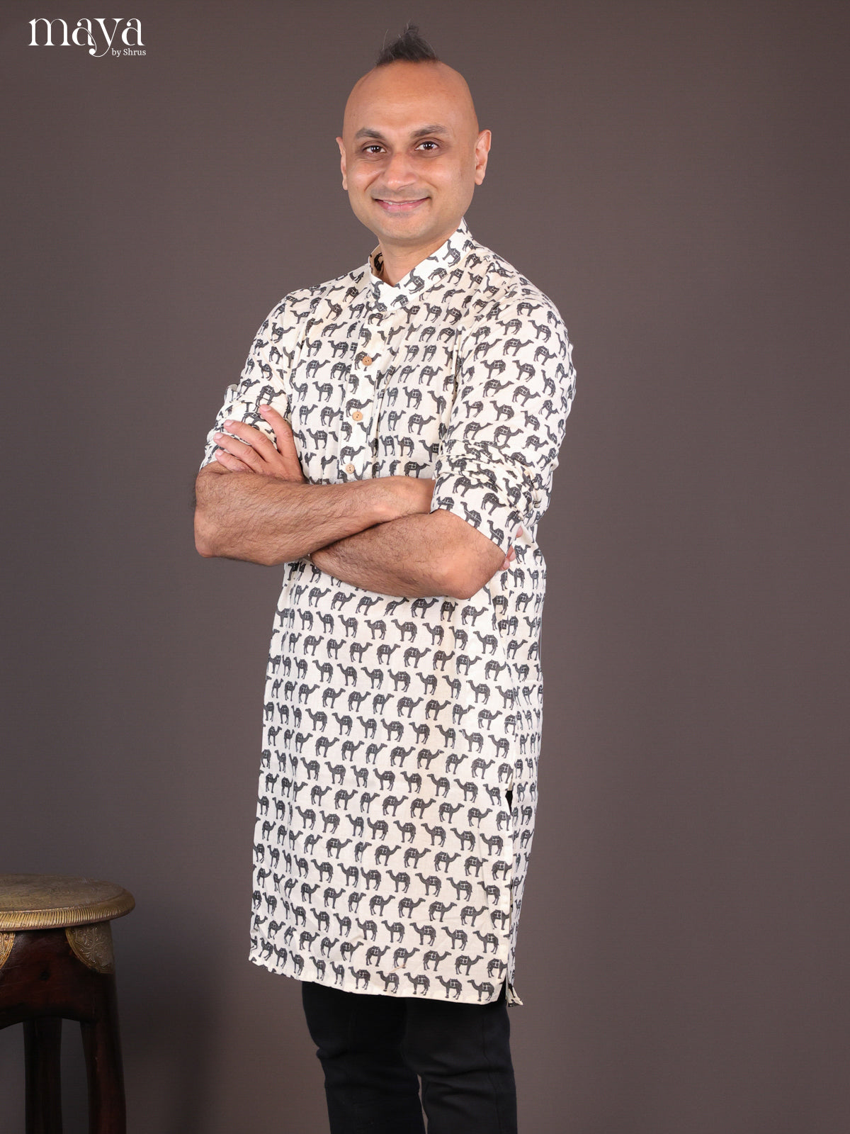 Cream Cotton Camel Printed Long Men Kurta - Shop on Shrus.com