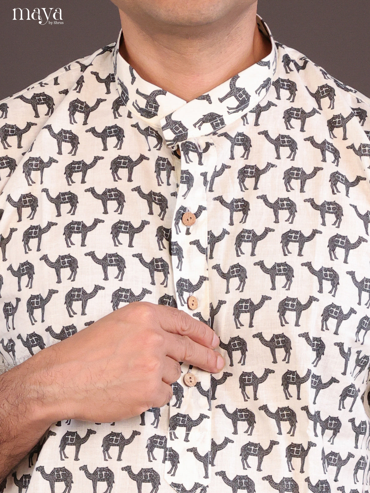 Cream Cotton Camel Printed Long Men Kurta - Shop on Shrus.com