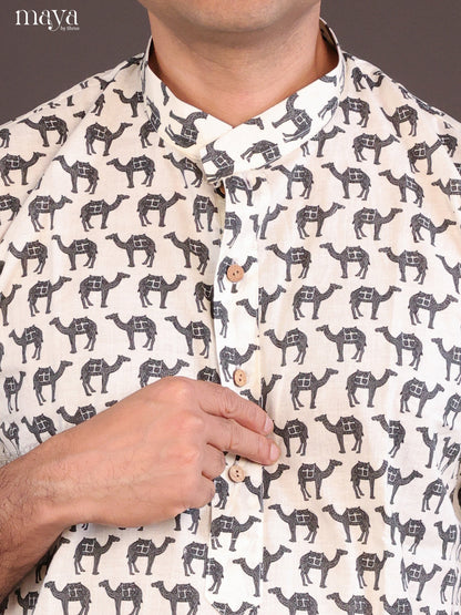 Cream Cotton Camel Printed Long Men Kurta - Shop on Shrus.com