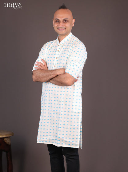 Cream Cotton Elephant Printed Long Men Kurta - Shop on Shrus.com