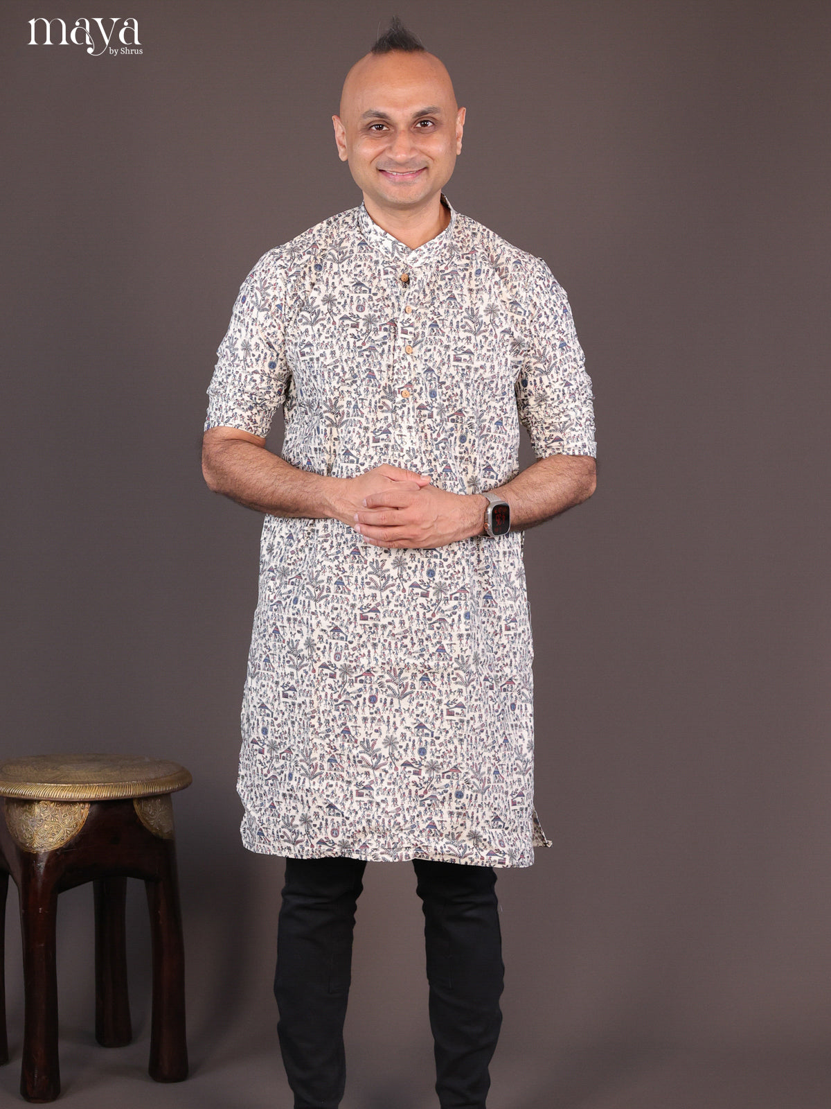 Cream Cotton Warli Printed Long Men Kurta - Shop on Shrus.com