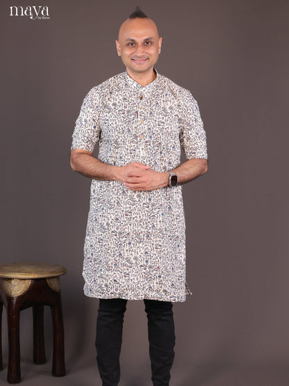 Cream Cotton Warli Printed Long Men Kurta - Shop on Shrus.com