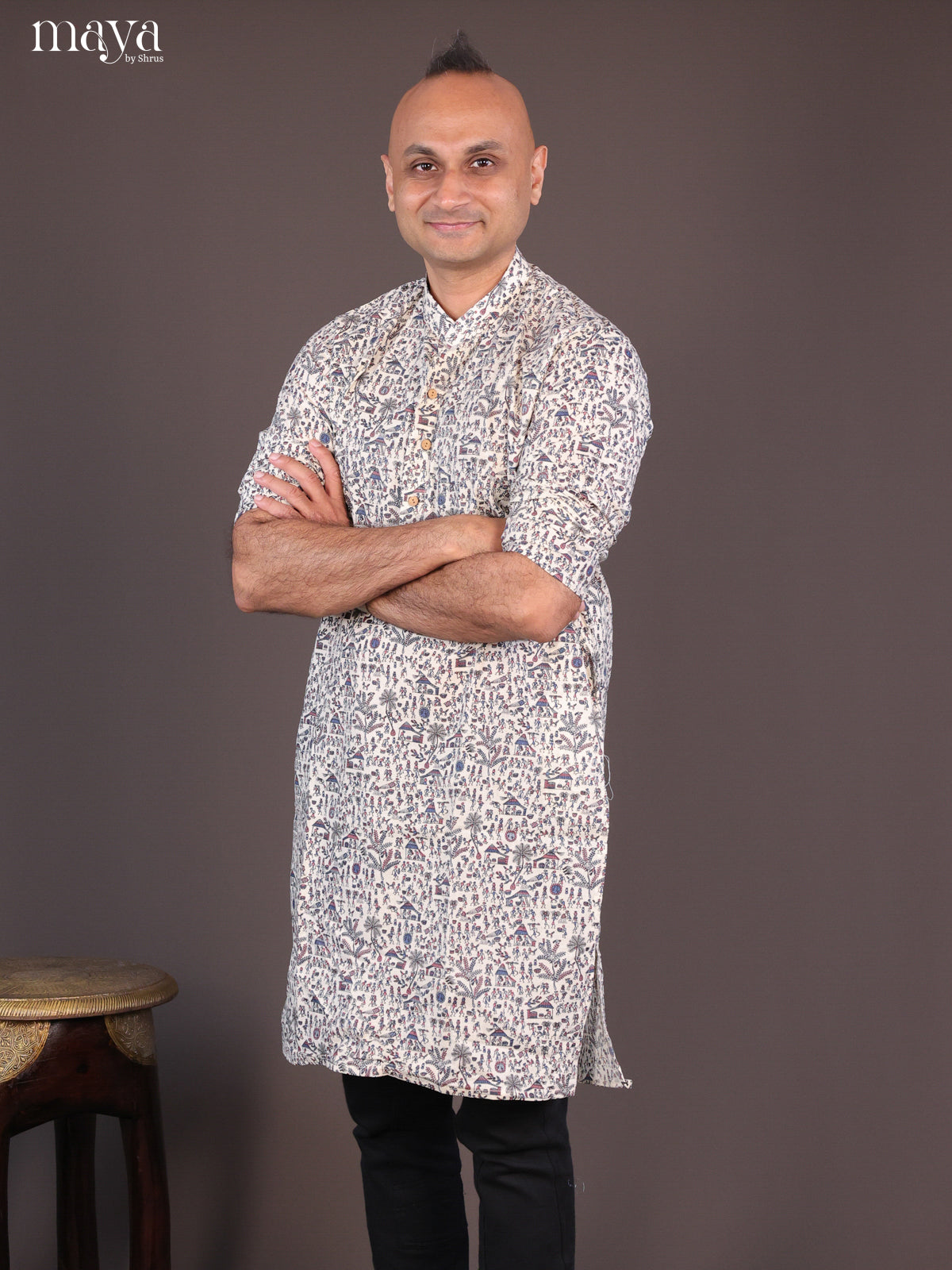 Cream Cotton Warli Printed Long Men Kurta - Shop on Shrus.com