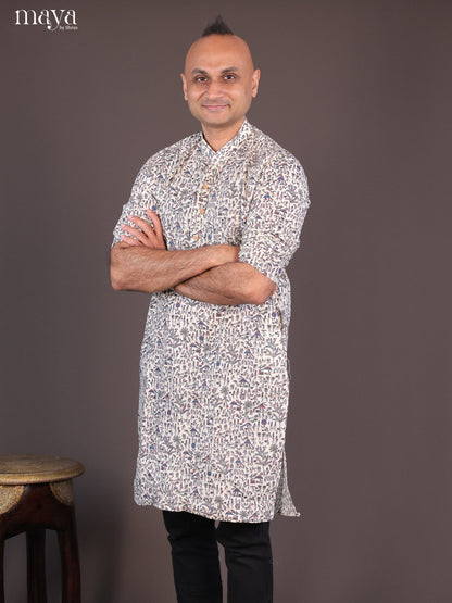 Cream Cotton Warli Printed Long Men Kurta - Shop on Shrus.com