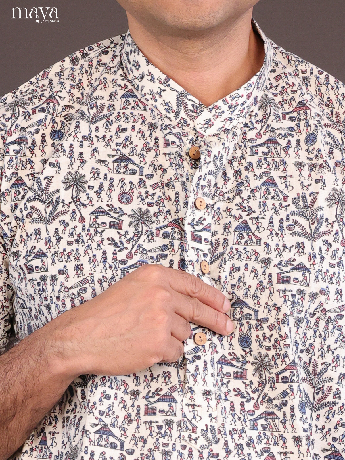 Cream Cotton Warli Printed Long Men Kurta - Shop on Shrus.com
