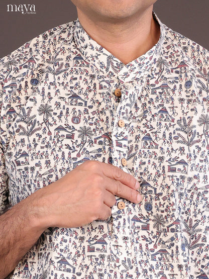 Cream Cotton Warli Printed Long Men Kurta - Shop on Shrus.com
