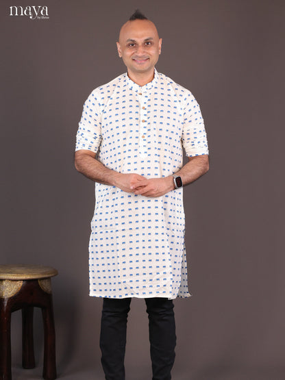 Cream Cotton Elephant Printed Long Men Kurta - Shop on Shrus.com
