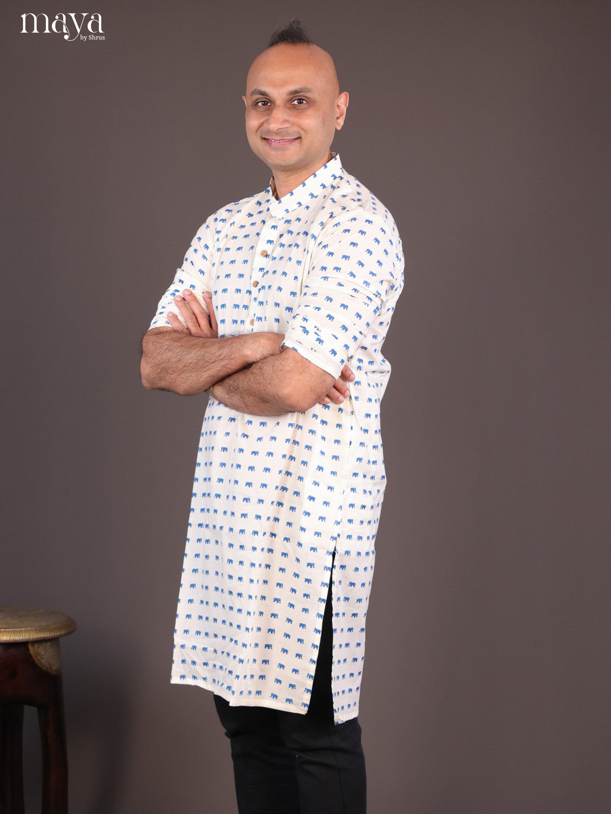 Cream Cotton Elephant Printed Long Men Kurta - Shop on Shrus.com