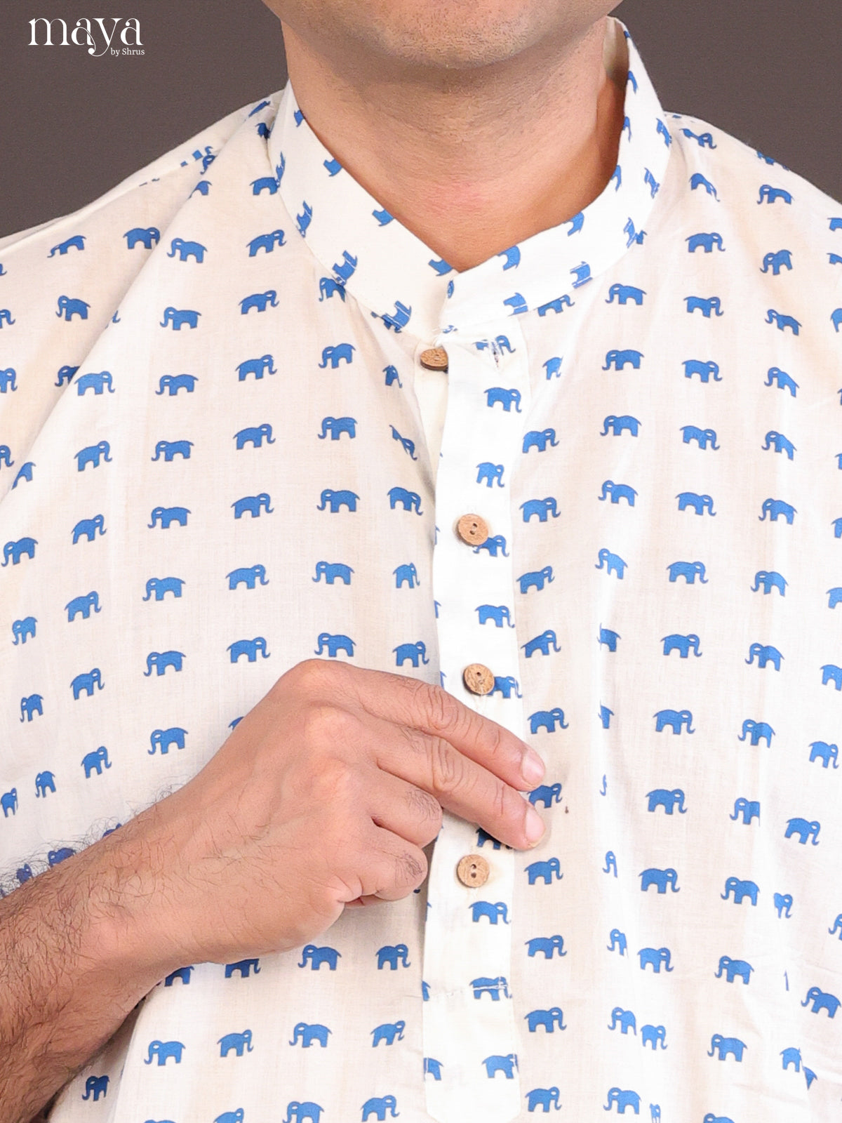Cream Cotton Elephant Printed Long Men Kurta - Shop on Shrus.com