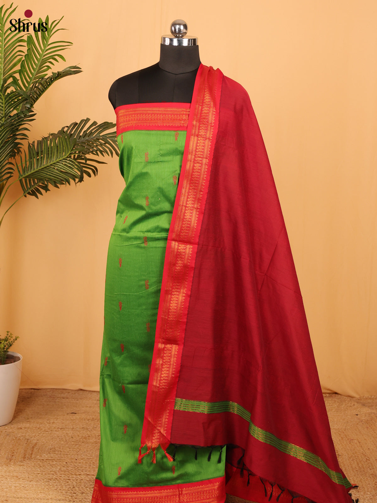 Green & Red - Kalyani Cotton Unstitched Top & Dupatta - MDA10006 - Shop on Shrus.com