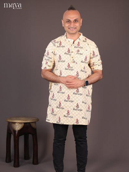 Yellow Cotton Divine Printed Short Men Kurta - Shop on Shrus.com