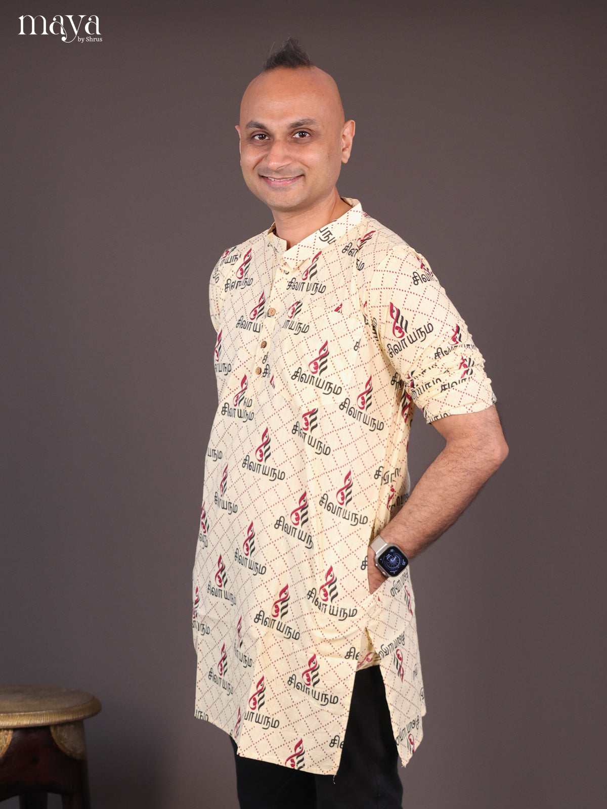 Yellow Cotton Divine Printed Short Men Kurta - Shop on Shrus.com