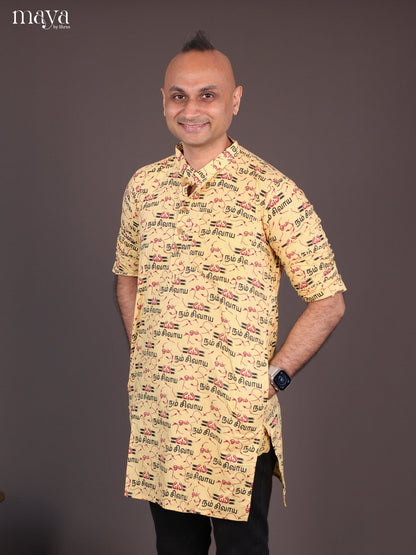 Yellow Cotton Divine Printed Short Men Kurta - Shop on Shrus.com