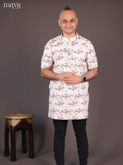 White Cotton Divine printed Short Men Kurta - Shop on Shrus.com