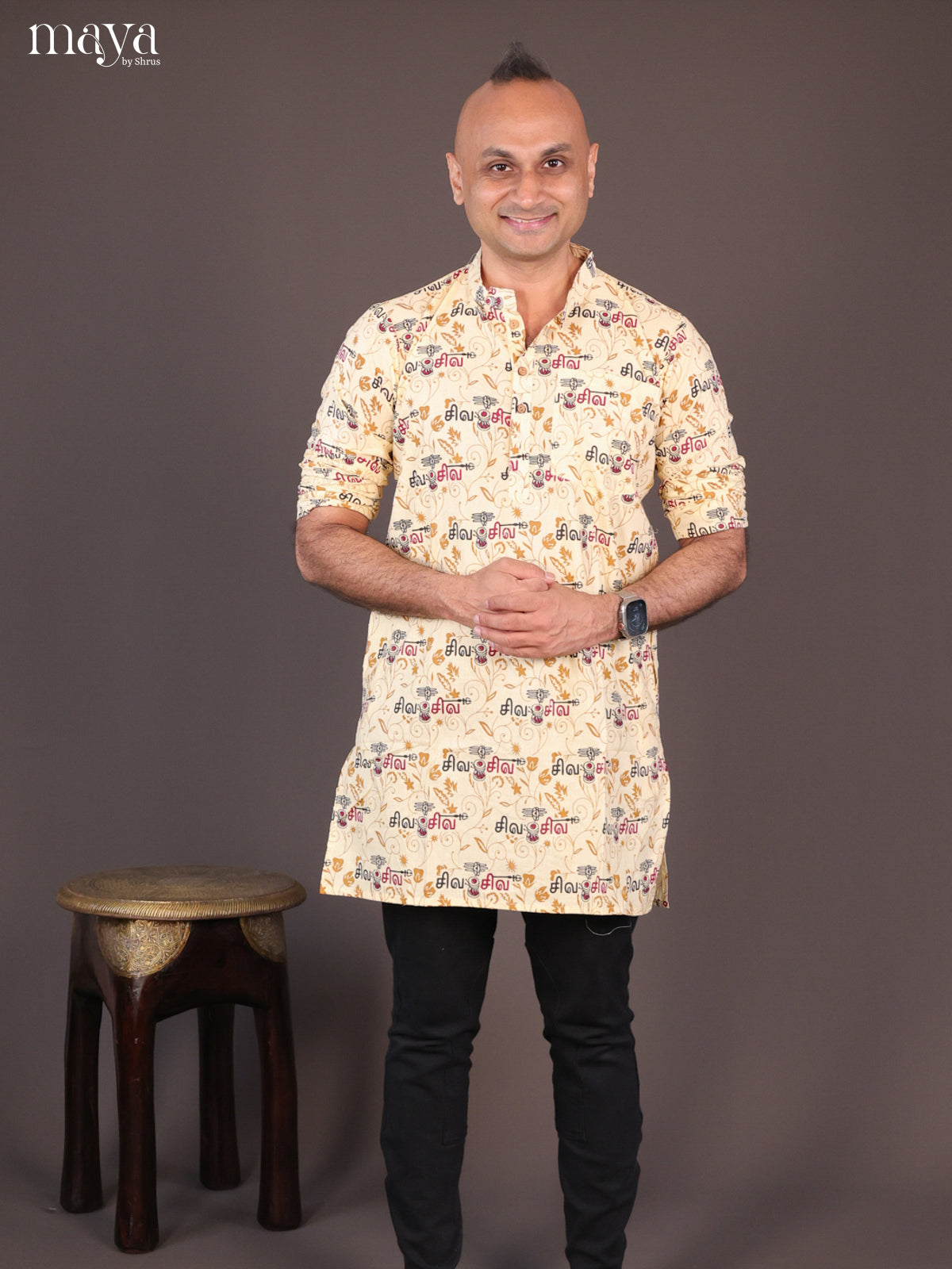 Cream Cotton Divine Printed Short Men Kurta - Shop on Shrus.com