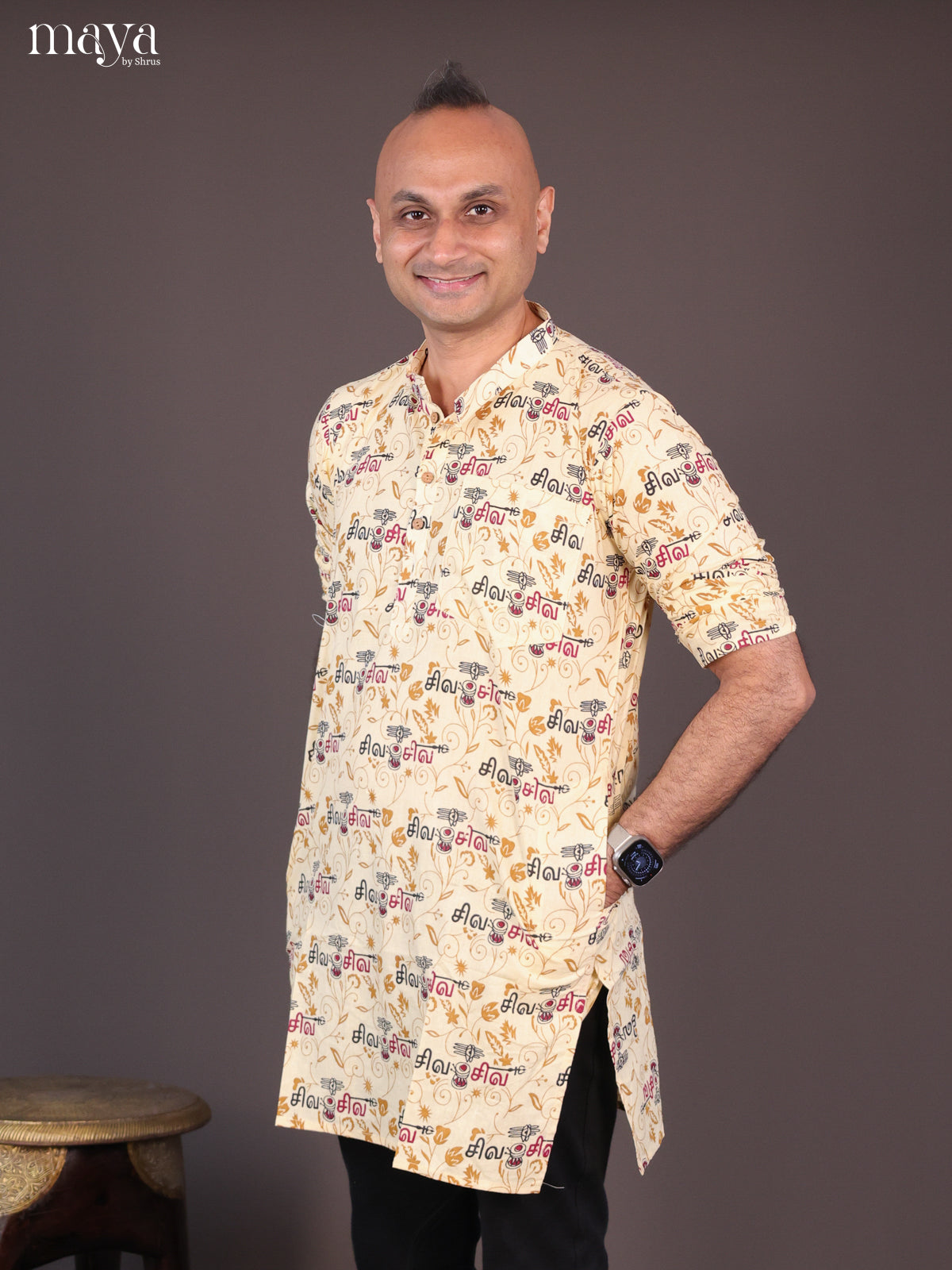 Cream Cotton Divine Printed Short Men Kurta - Shop on Shrus.com