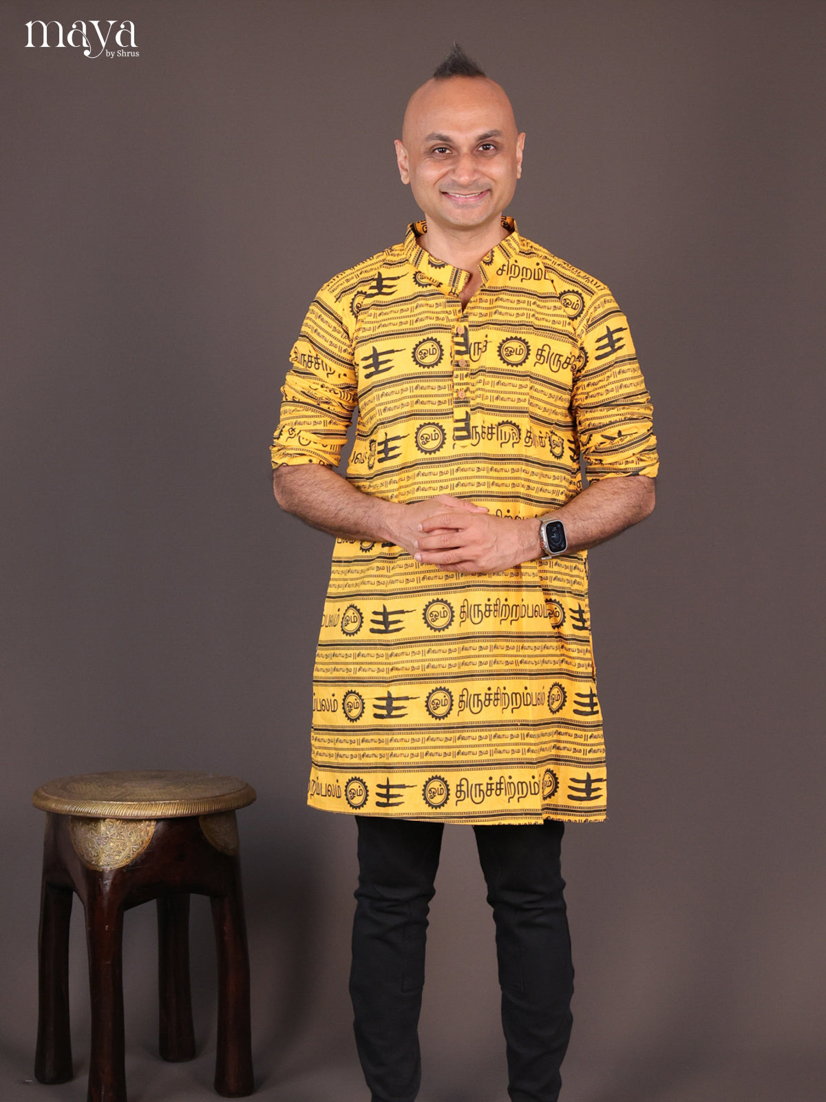 Yellow Cotton Divine Printed Short Men Kurta - Shop on Shrus.com