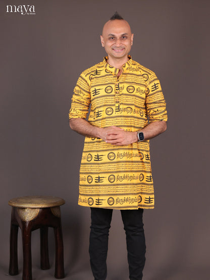 Yellow Cotton Divine Printed Short Men Kurta - Shop on Shrus.com
