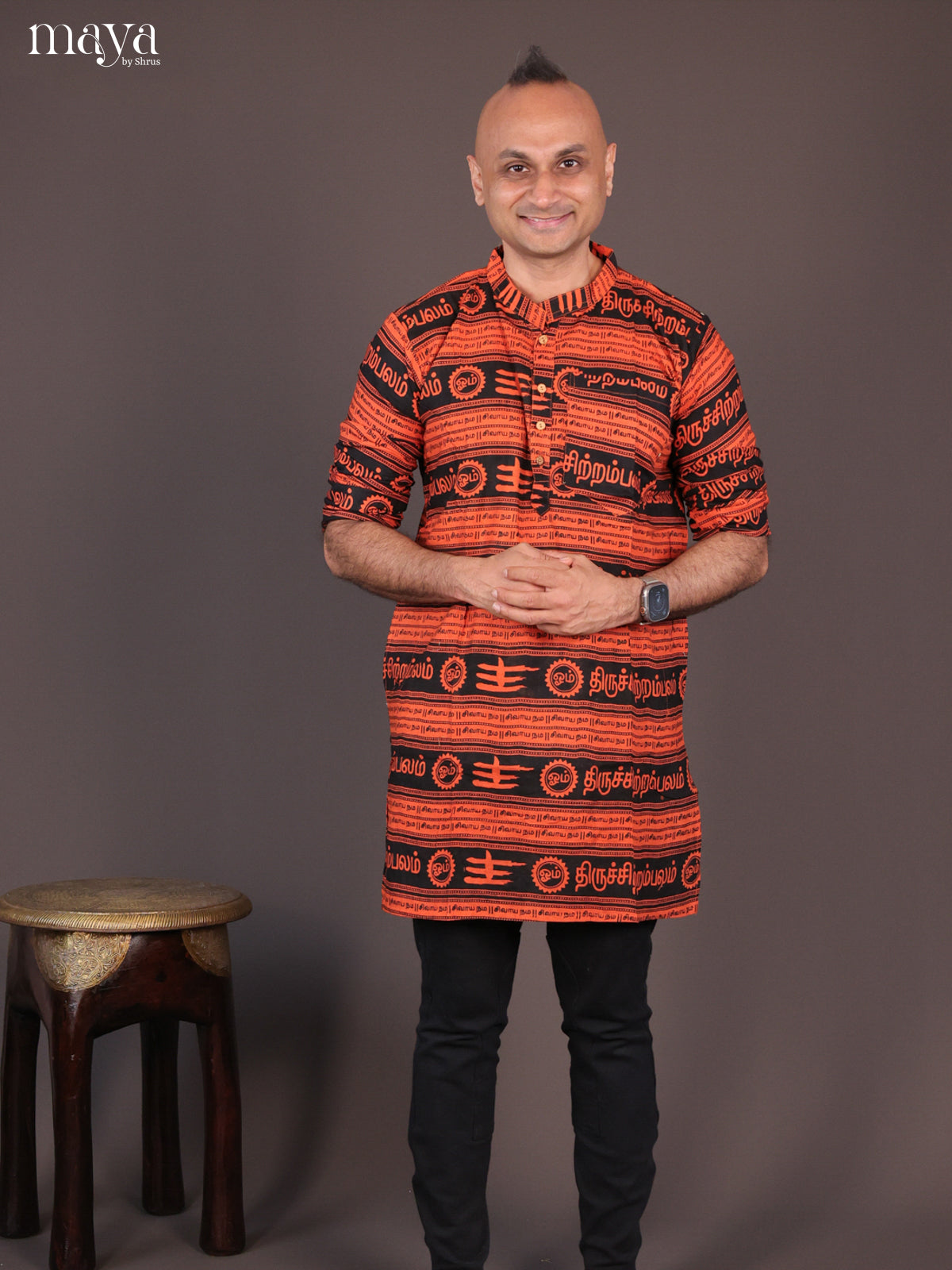 Orange Cotton Divine Printed Short Men Kurta - Shop on Shrus.com