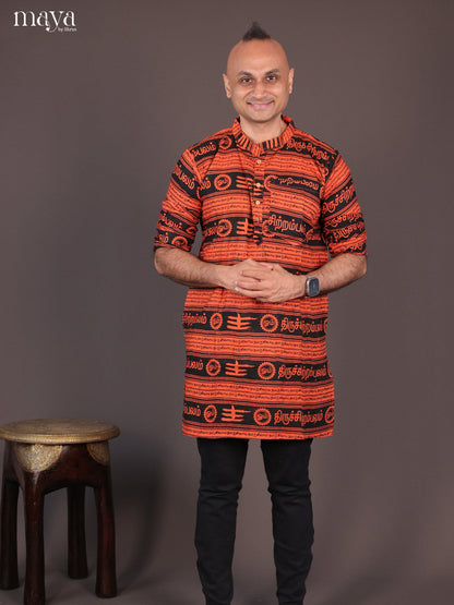 Orange Cotton Divine Printed Short Men Kurta - Shop on Shrus.com