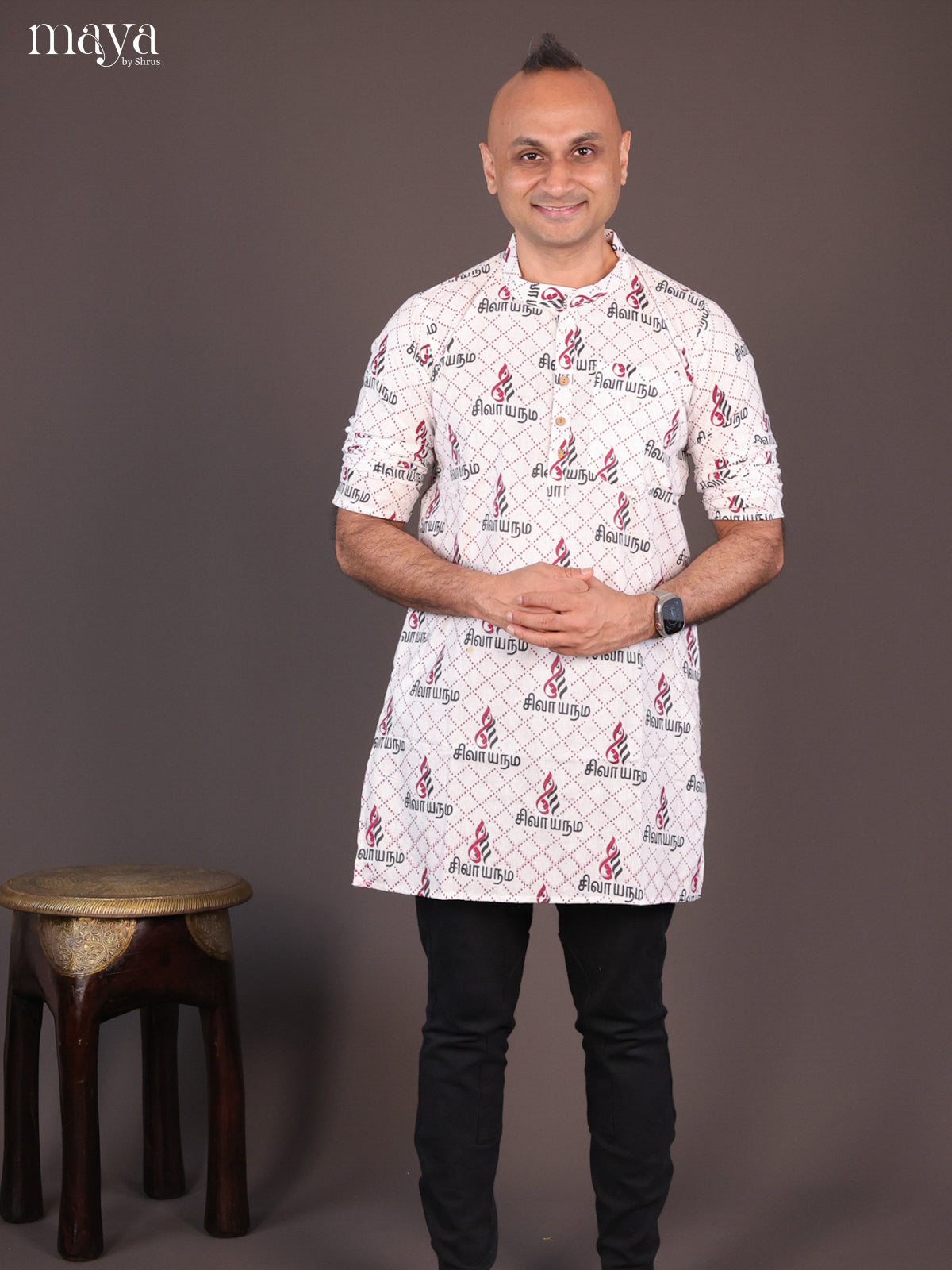 White Cotton Divine printed Short Men Kurta - Shop on Shrus.com
