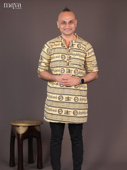 Yellow Cotton Divine Printed Short Men's Kurta - Shop on Shrus.com