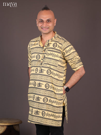 Yellow Cotton Divine Printed Short Men's Kurta - Shop on Shrus.com