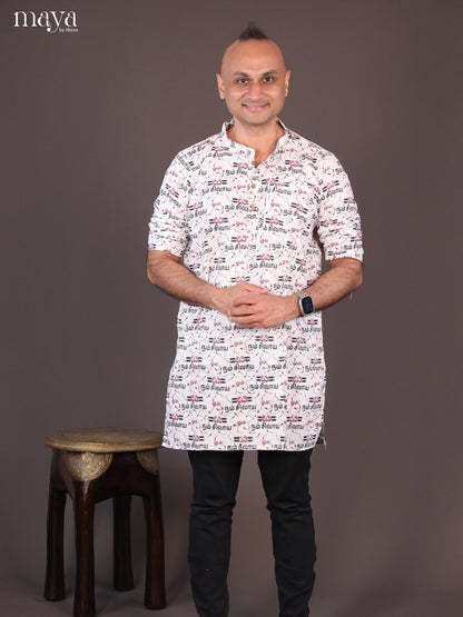 White Cotton Divine printed Short Men Kurta - Shop on Shrus.com