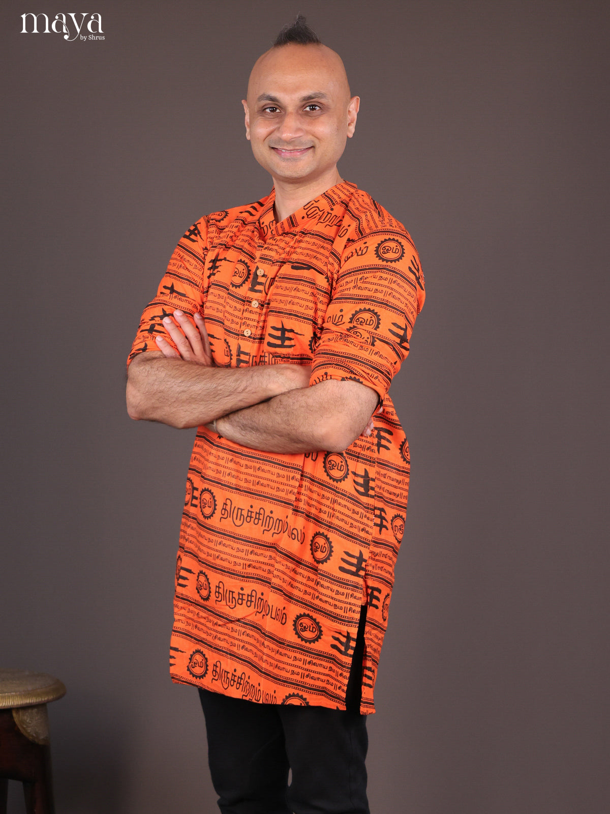 Orange Cotton Divine Printed Short Men Kurta - Shop on Shrus.com