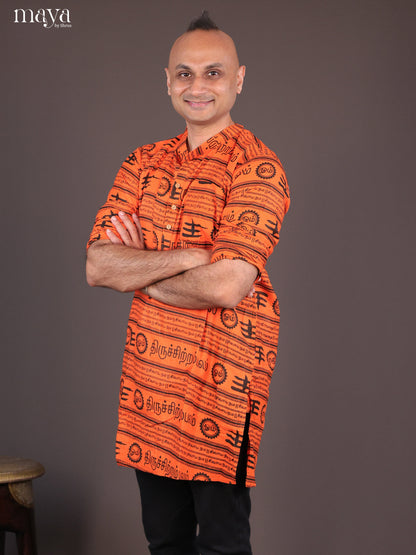 Orange Cotton Divine Printed Short Men Kurta - Shop on Shrus.com